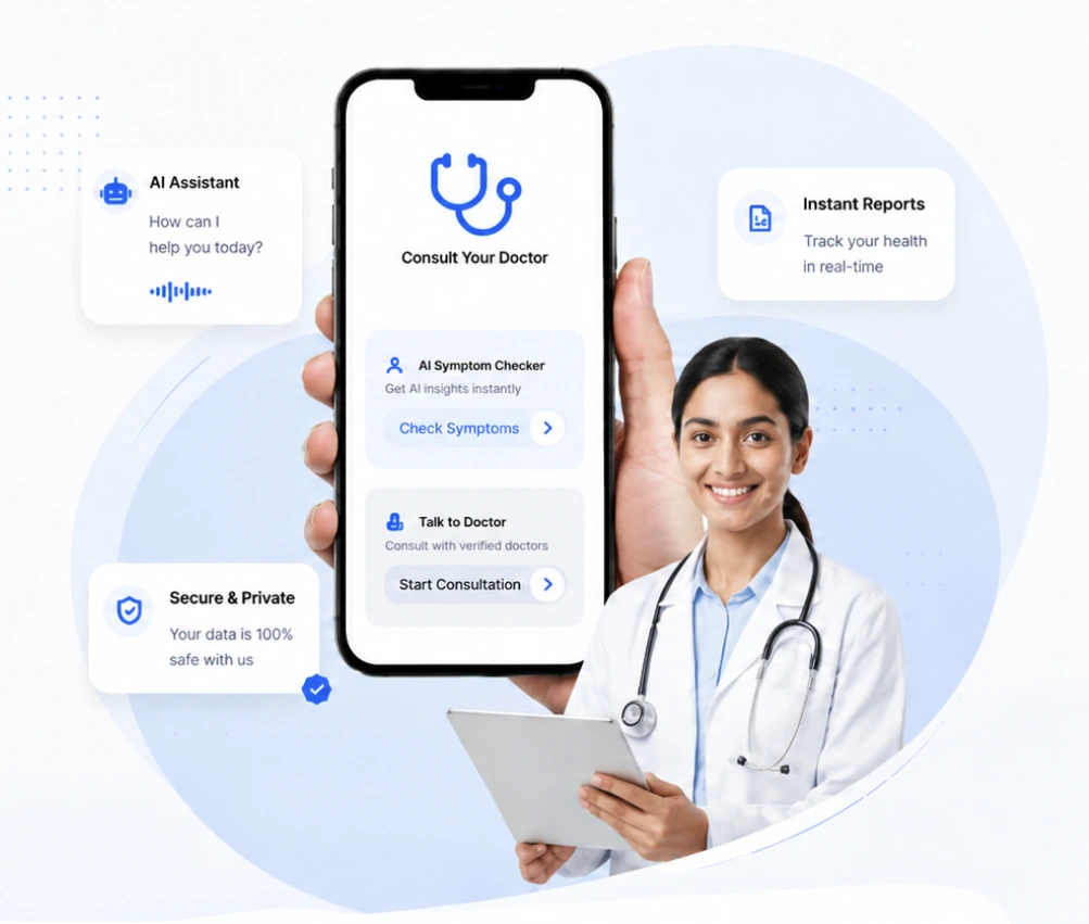 A doctor next to the Consult Your Doctor app, with its AI assistant and lab reports